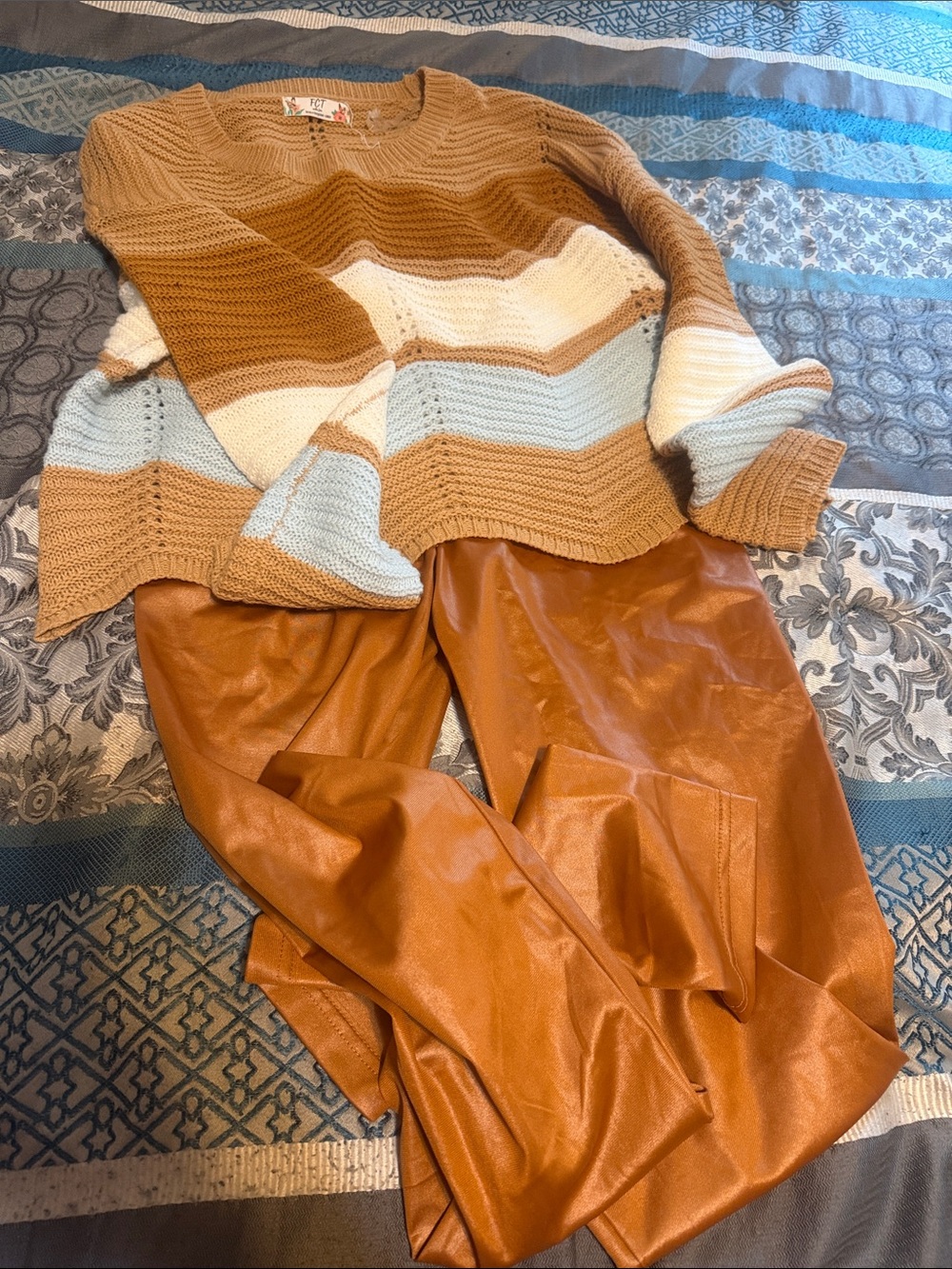Striped Knit Sweater in Cream, Tan & Light Blue - Women's Cozy Pullover